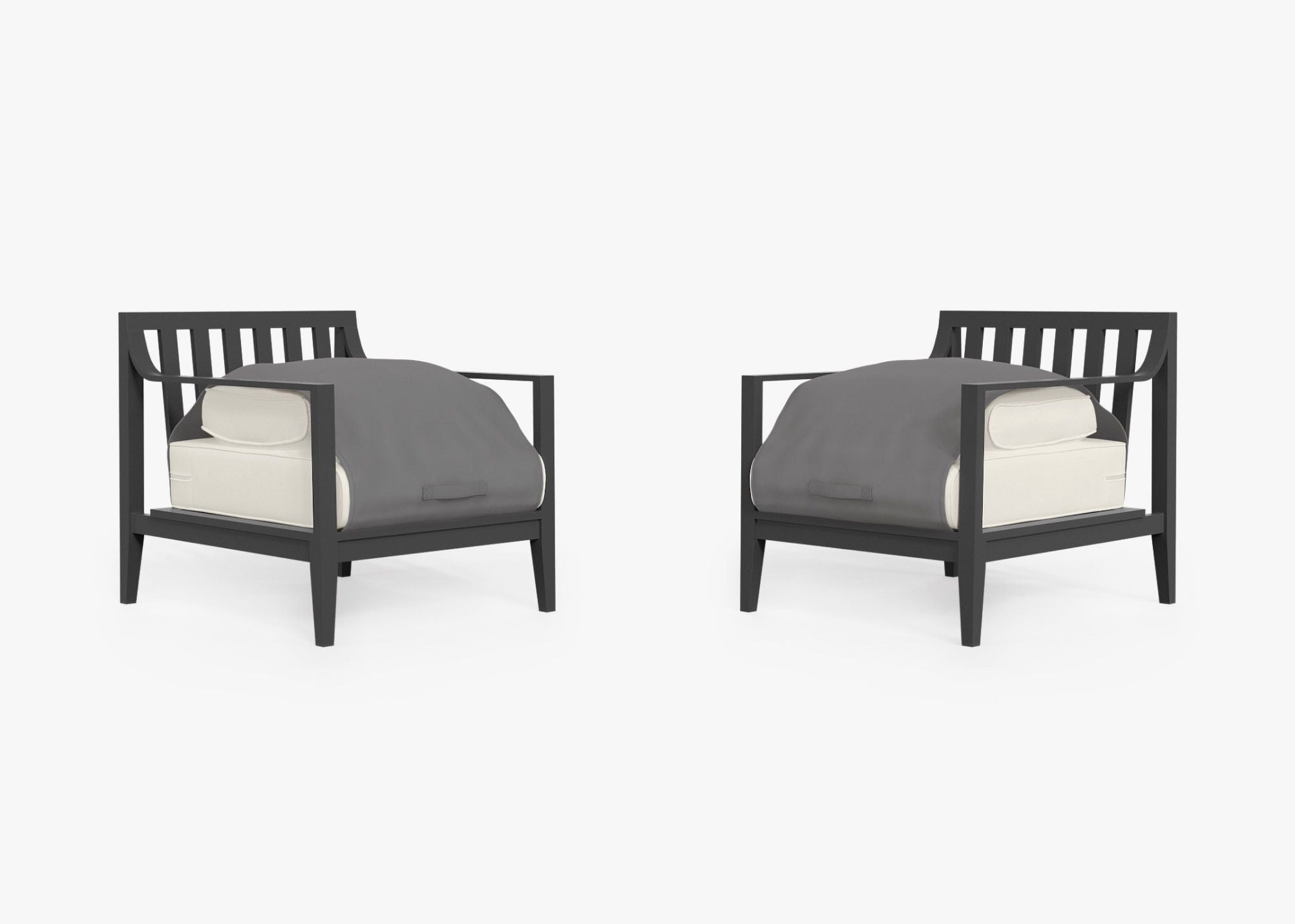 Charcoal Aluminum Outdoor Armchair Conversation Set shown with the OuterShell outdoor cushion cover, offering exclusive integrated protection. #color_palisades cream