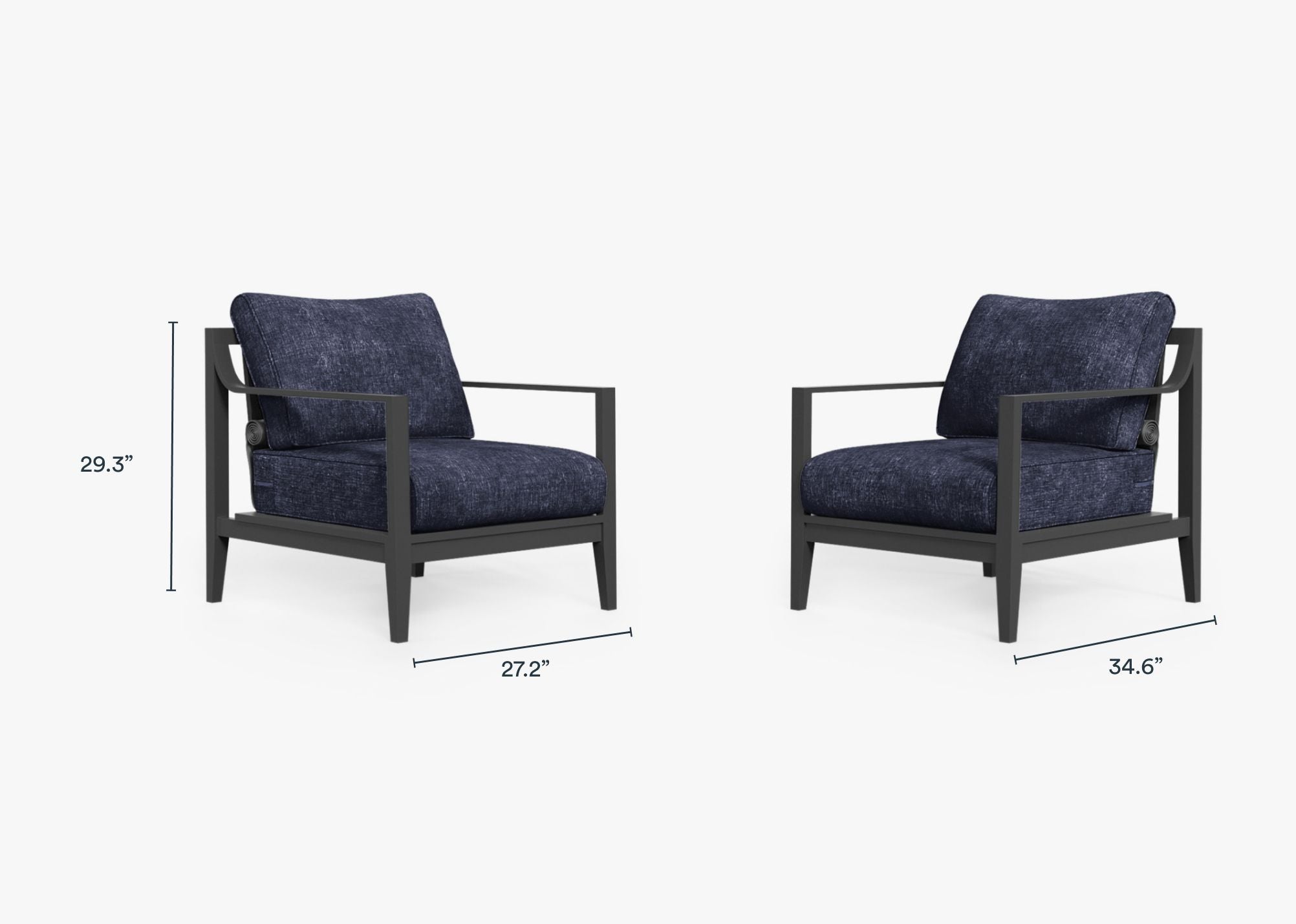 Charcoal Aluminum Outdoor Armchair Conversation Set dimensions in inches, also listed under Dimensions and Weights. #color_deep sea navy