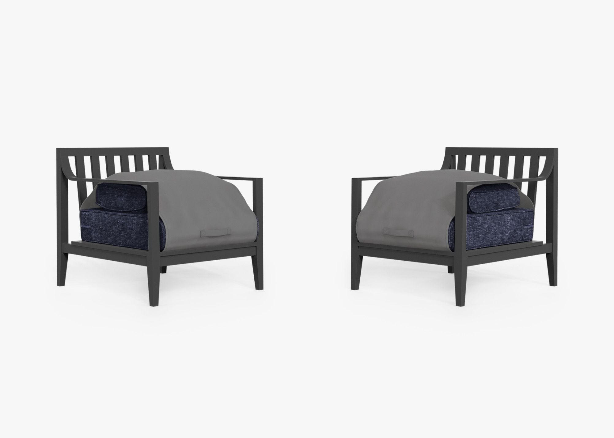 Charcoal Aluminum Outdoor Armchair Conversation Set shown with the OuterShell outdoor cushion cover, offering exclusive integrated protection. #color_deep sea navy