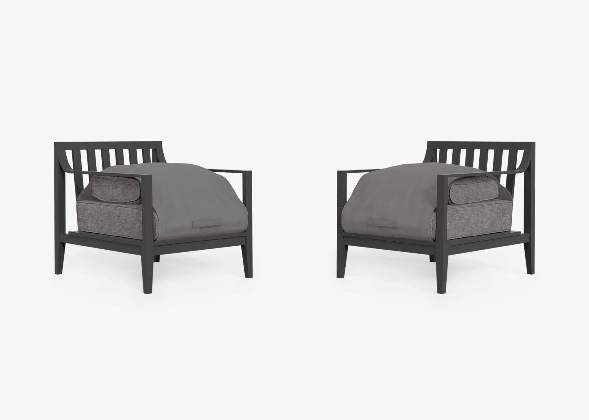 Charcoal Aluminum Outdoor Armchair Conversation Set shown with the OuterShell outdoor cushion cover, offering exclusive integrated protection. #color_dark pebble gray