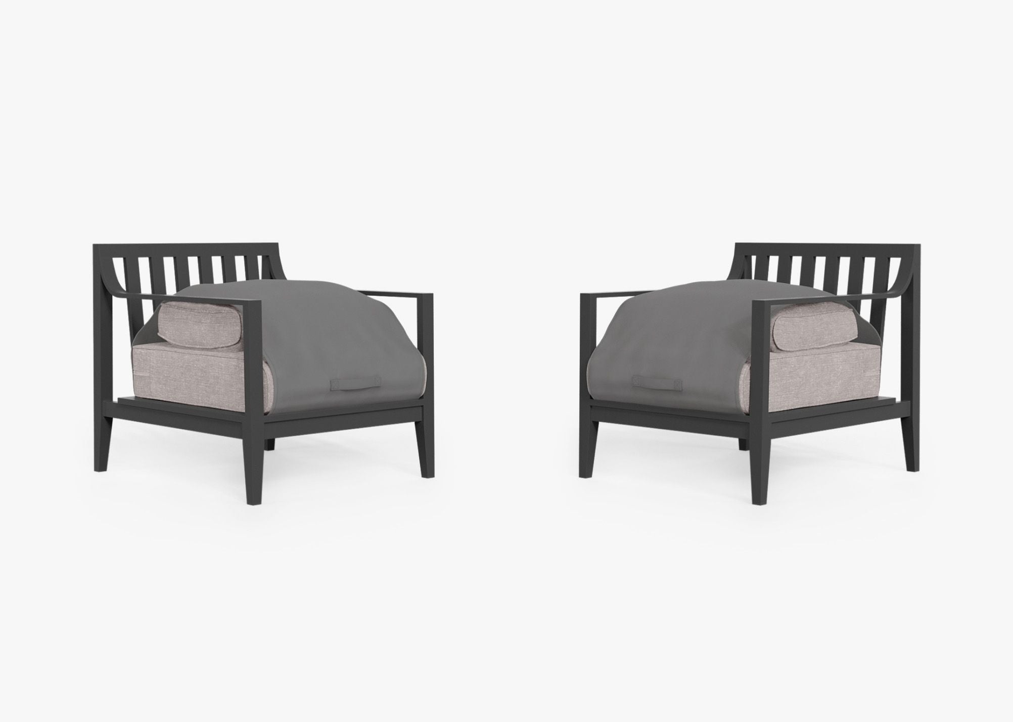 Charcoal Aluminum Outdoor Armchair Conversation Set shown with the OuterShell outdoor cushion cover, offering exclusive integrated protection. #color_sandstone gray