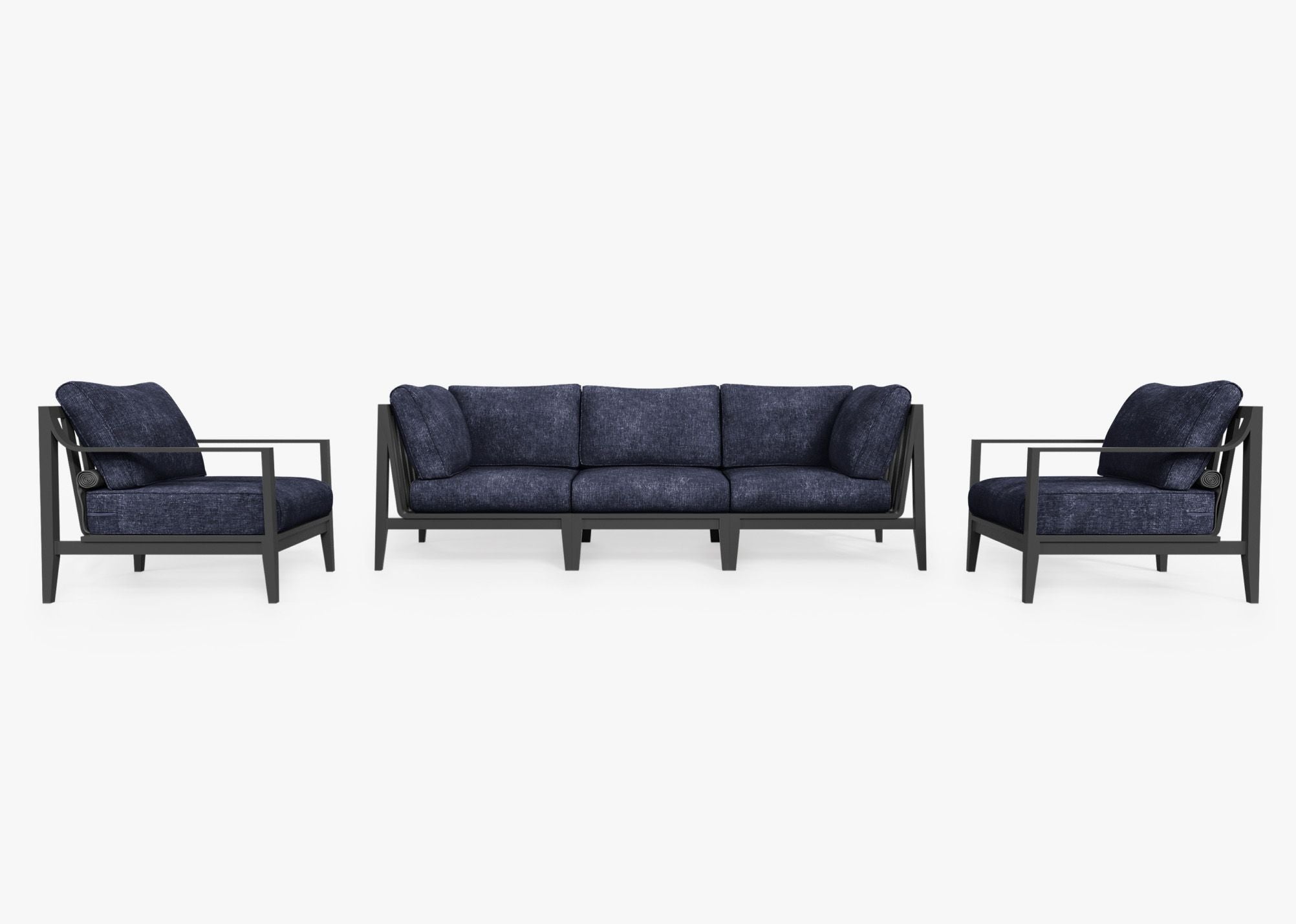 Charcoal Aluminum Outdoor Sofa with Armchairs - 5 Seat, front. Comfortable, durable, and weather resistant outdoor seating with memory foam. #color_deep sea navy