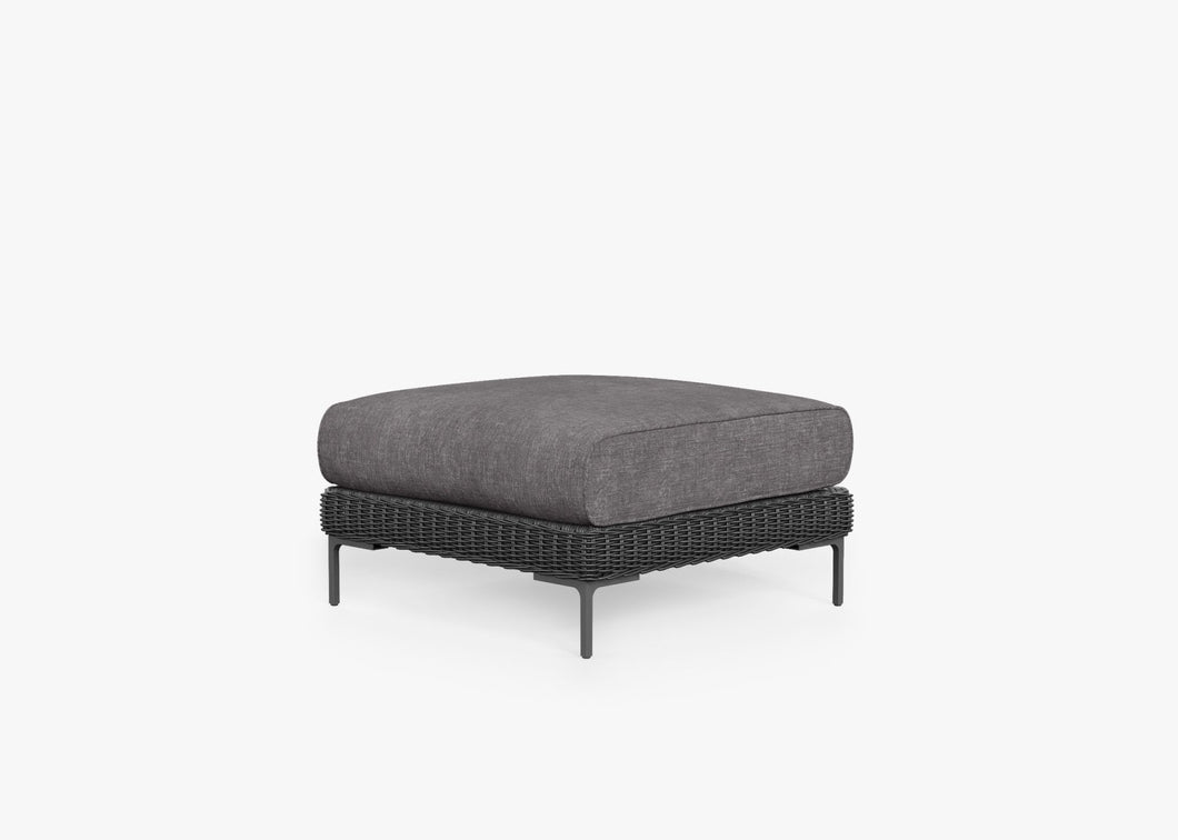 Black Wicker Outdoor Ottoman, front. Comfortable, durable, and weather resistant outdoor seating with memory foam. #color_dark pebble gray