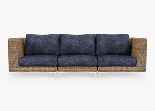 Brown Wicker Outdoor Sofa - 3 Seat, front. Comfortable, durable, and weather resistant outdoor seating with memory foam. #color_deep sea navy