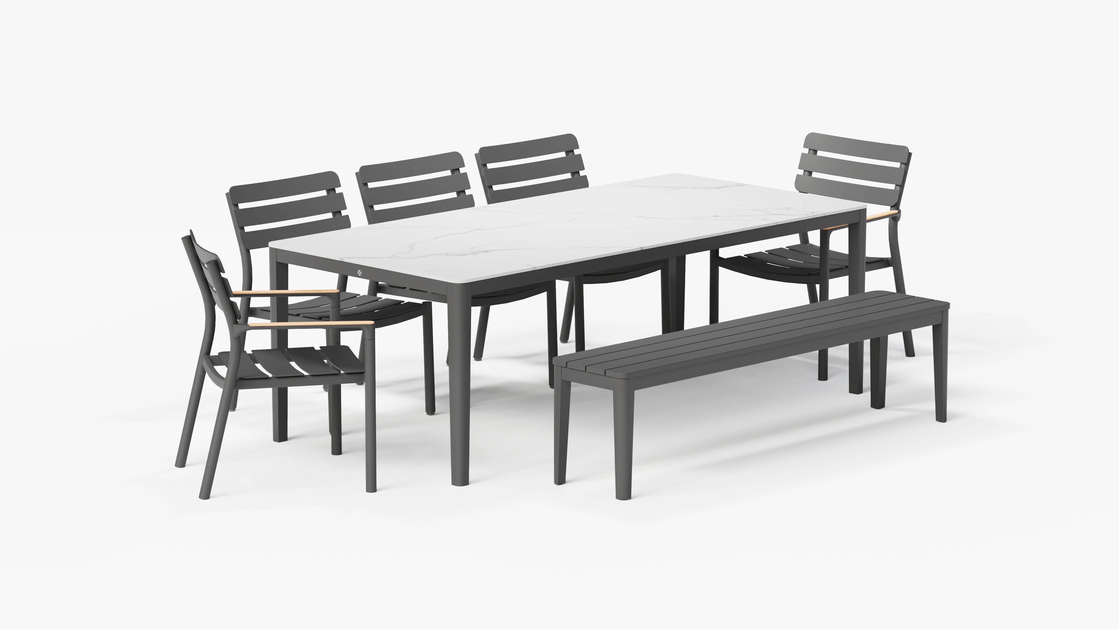 OuterStone Outdoor Dining Table + 2 595 Armchairs + 3 595 Armless Chairs + Aluminum Dining Bench