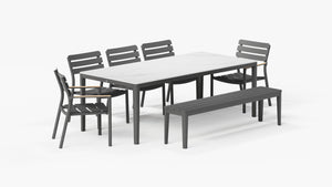 OuterStone Outdoor Dining Table + 2 595 Armchairs + 3 595 Armless Chairs + Aluminum Dining Bench