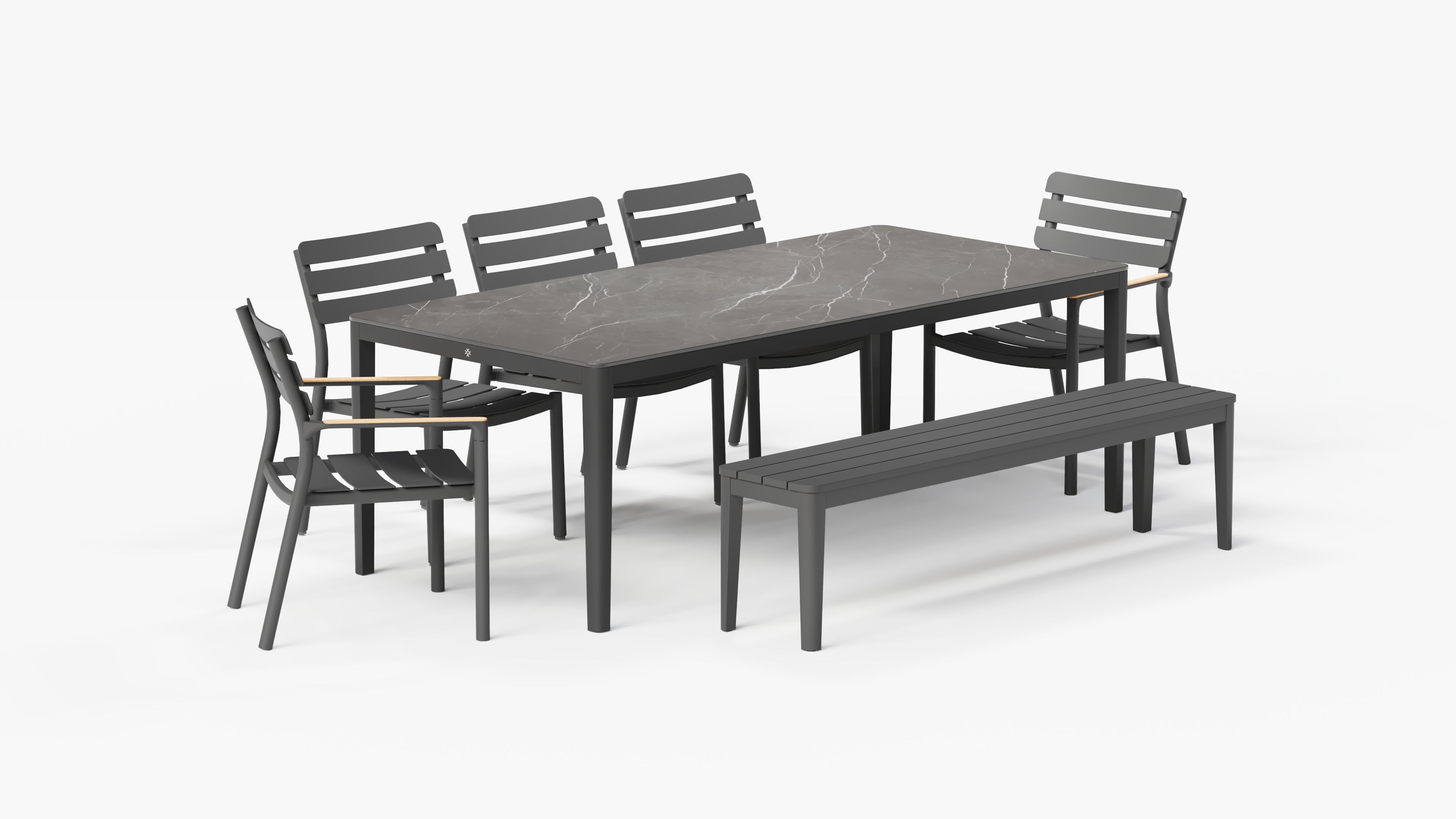 OuterStone Outdoor Dining Table + 2 595 Armchairs + 3 595 Armless Chairs + Aluminum Dining Bench