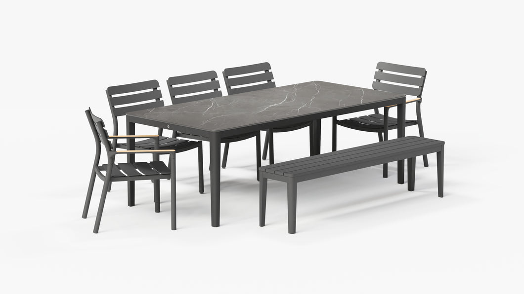 OuterStone Outdoor Dining Table + 2 595 Armchairs + 3 595 Armless Chairs + Aluminum Dining Bench