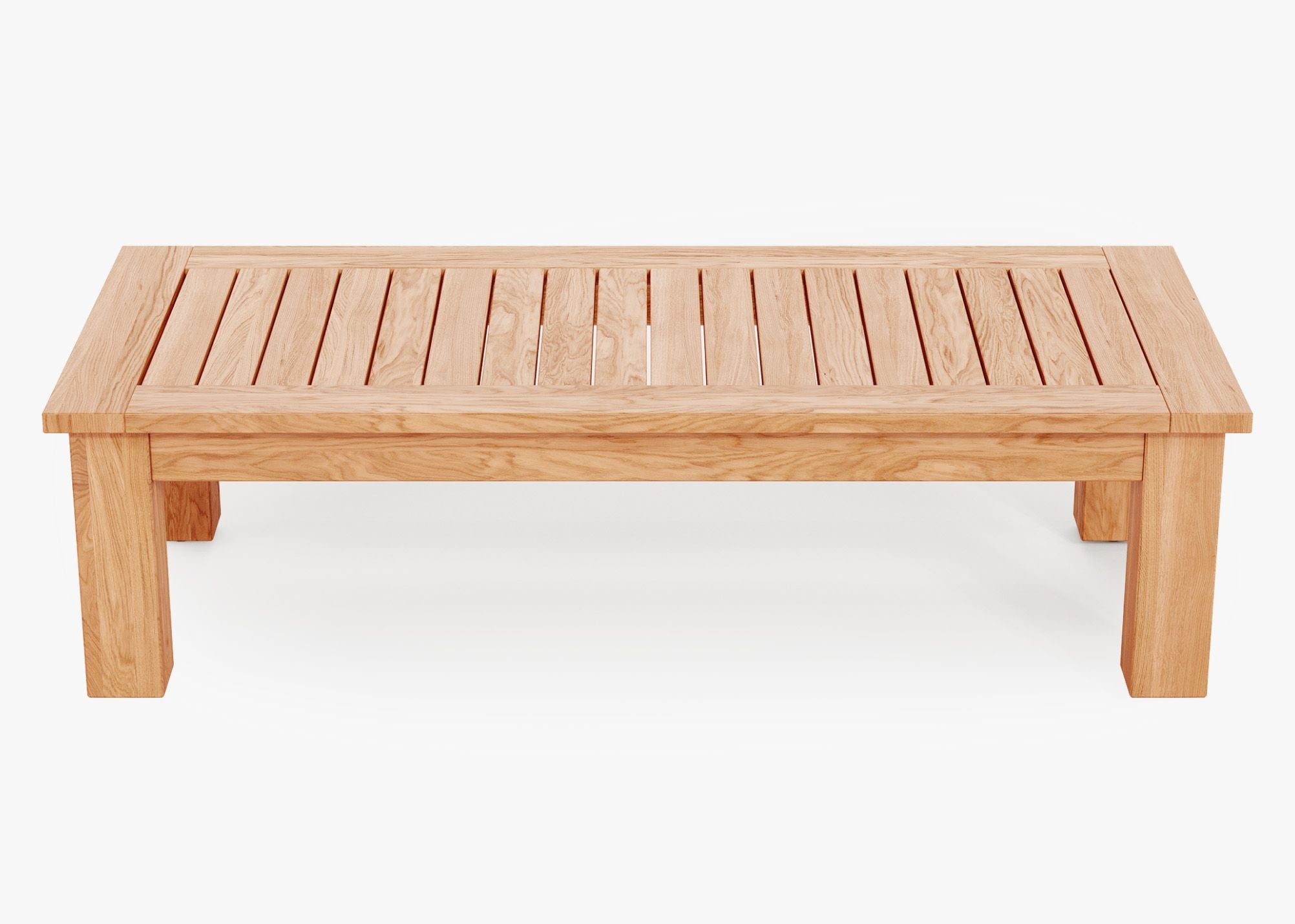 FSC Certified grade-A teak outdoor coffee table with square legs, front. #size_large