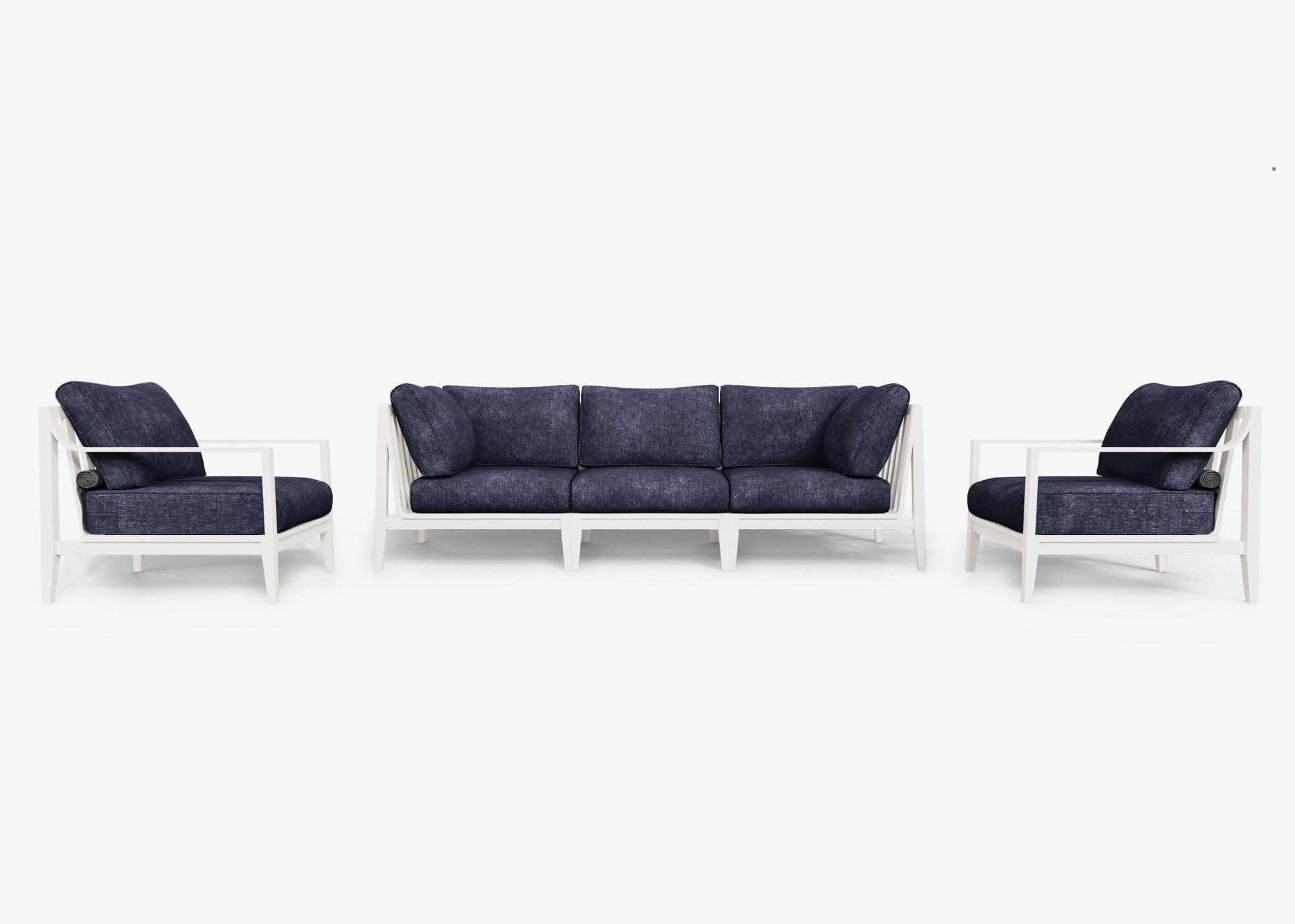 White Aluminum Outdoor Sofa with Armchairs - 5 Seat, front. Comfortable, durable, and weather resistant outdoor seating with memory foam. #color_deep sea navy