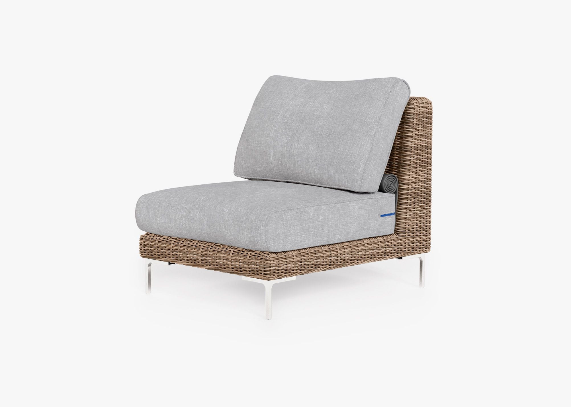Brown Wicker Armless Chair in Pacific Fog Gray, 3/4 view. #title_default title