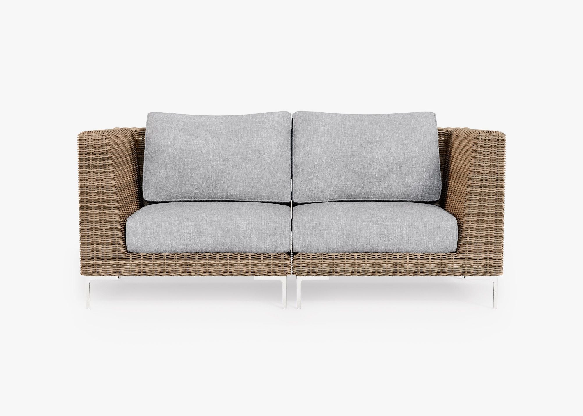 Brown Wicker Loveseat in Pacific Fog Gray, front view. #title_default title