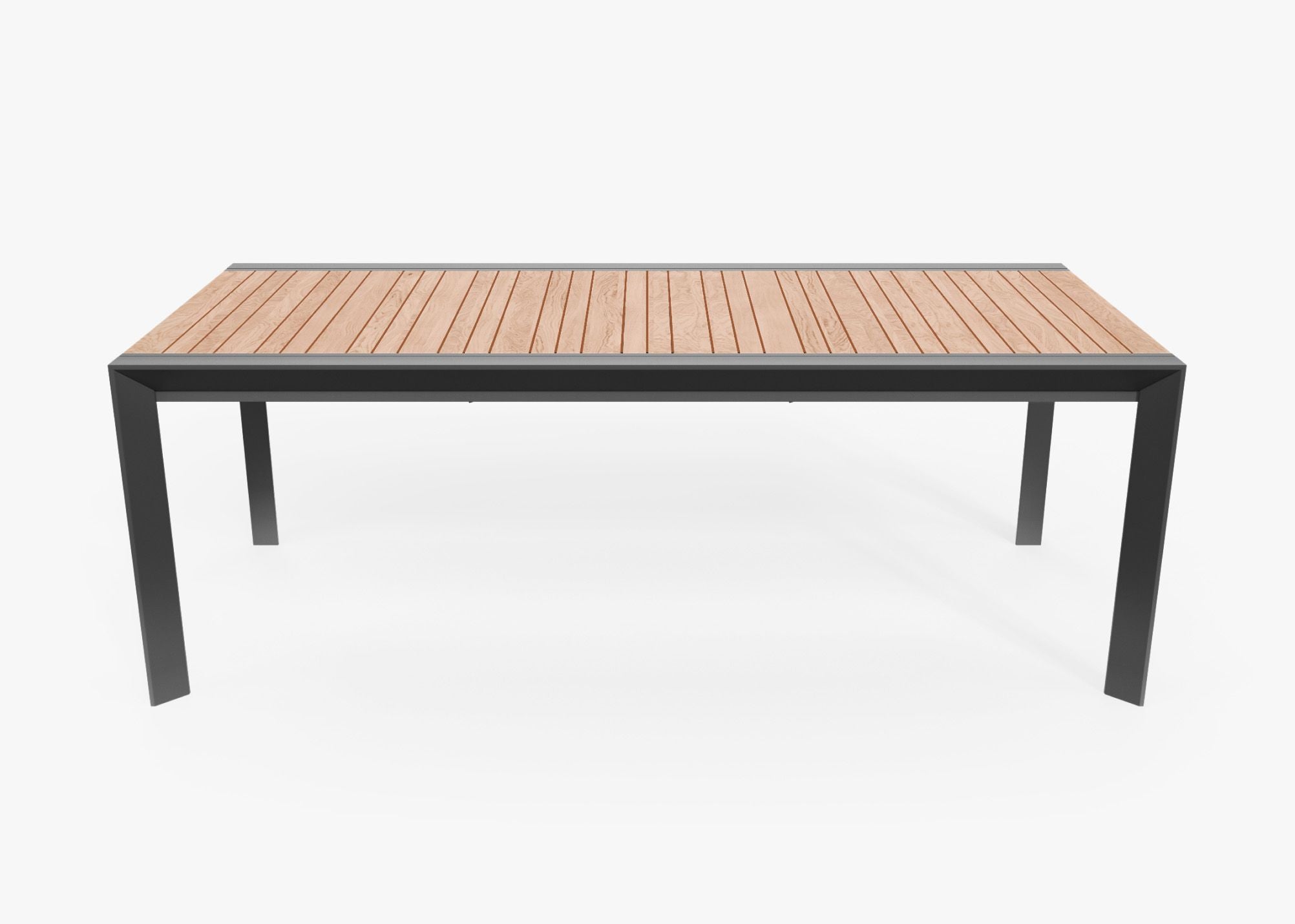 Teak and Aluminum Expandable Dining Table, front view. #title_default title