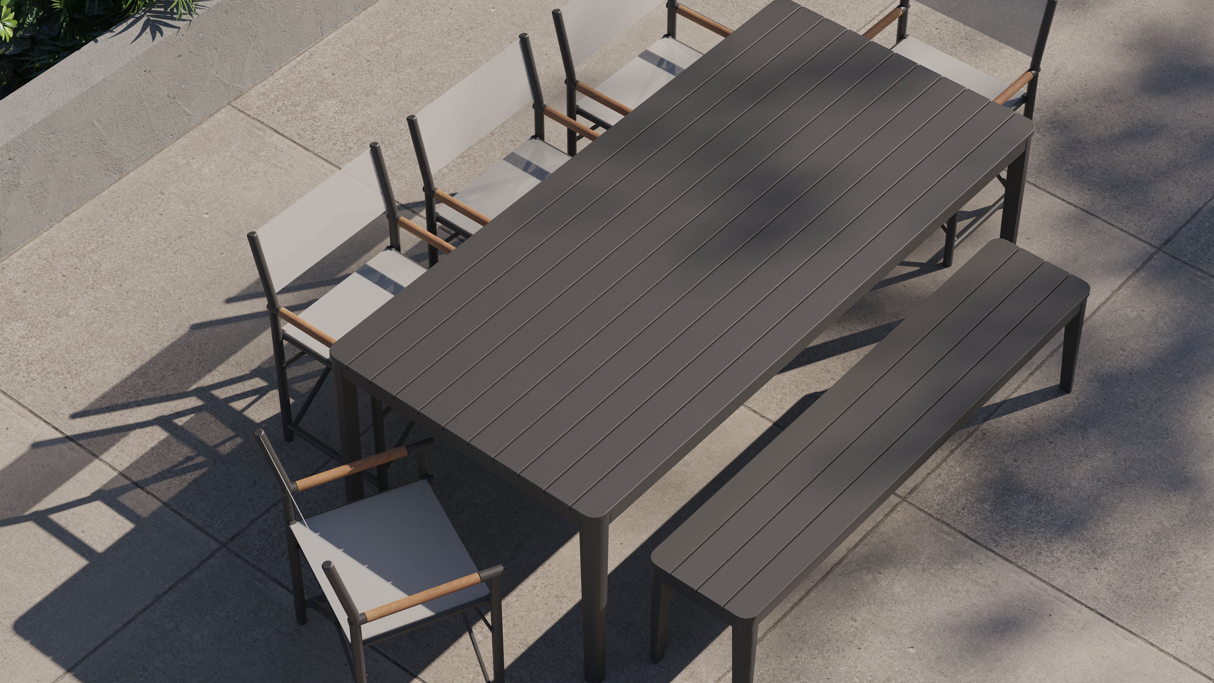 Aluminum Outdoor Rectangular Dining Table + 5 Aluminum Director's Chairs + Aluminum Dining Bench