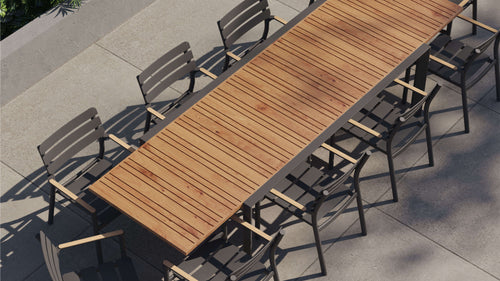 Teak + Aluminum Outdoor Expandable Dining Table + 10 595 Armchairs