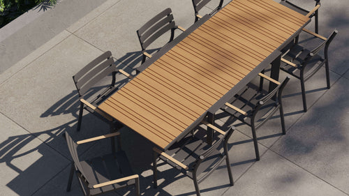 Teak + Aluminum Outdoor Expandable Dining Table + 8 595 Armchairs
