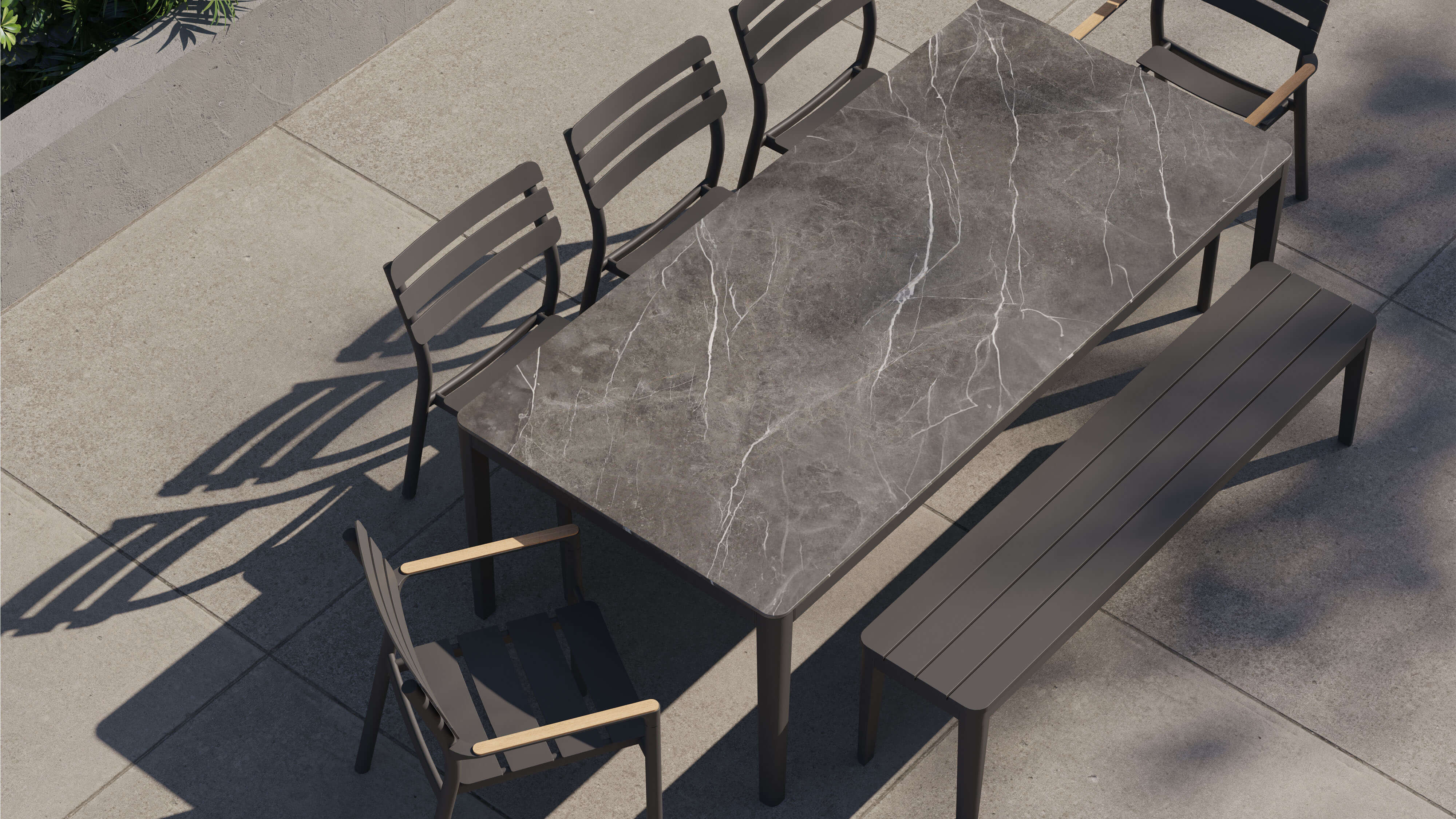 OuterStone Outdoor Dining Table + 2 595 Armchairs + 3 595 Armless Chairs + Aluminum Dining Bench